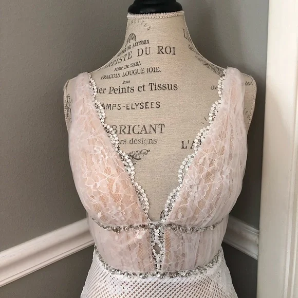 NEW JOVANI SZ 4 IVORY NUDE ILLUSION LACE BEADED FORMAL EVENING GOWN - Picture 3 of 16